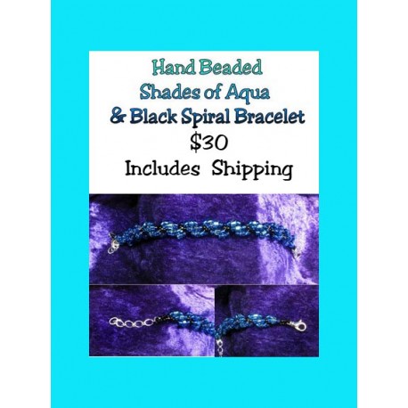 Hand Beaded Shades of Aqua & Black Spiral Bracelet